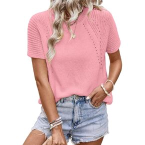 Dokotoo Women's Tops Casual Crewneck Short Sleeve Knit Solid Trendy Hollow Out Shirts Blouses