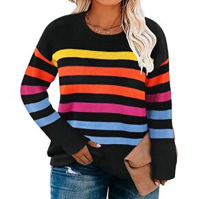 CARCOS Plus Size Sweaters for Curvy Women Crewneck Long Sleeve Pullover Sweaters Colorful Striped with Zip Up XL-5XL