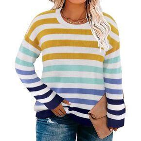 CARCOS Plus Size Sweaters for Curvy Women Crewneck Long Sleeve Pullover Sweaters Colorful Striped with Zip Up XL-5XL