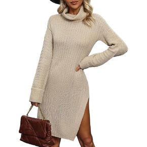 Womens Ladies Dressy Casual Cute Turtleneck Slit Sweater Dress Fall 2024
