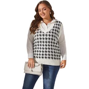 Sunfaynis Women's V Neck Houndstooth Sweater Vest Sleeveless Loose Pullover Sweater