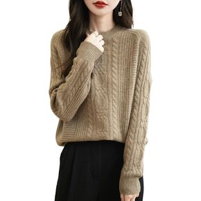 Women's 100% Merino Wool Crew Neck Sweater 2024 Fall Winter Solid Cable Long Sleeve Warm Knitted Sweater