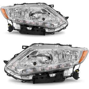 Headlight Assembly for 2014 2015 2016 Nissan Rogue Clear Lens Chrome Housing with Amber Reflector Headlamp Replacement Driver and Passenger Side Pair