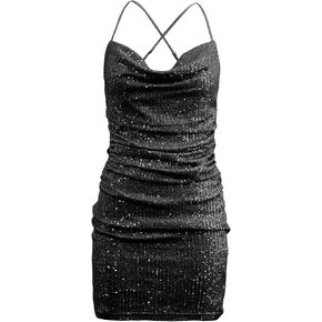 Xintianji Women's Sequin Dress Sparkly Glitter Sexy Cross Straps Party Club Bodycon Dress