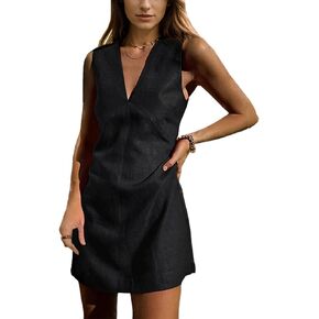 Womens Summer Deep V Neck Sleeveless Linen Mini Dress Casual Beach Sunshine A-line Cotton Tank Dress