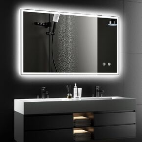مرآة حمام LED، مرآة حمام خفيفة مقاس 48 × 28، مضادة للضباب، قابلة للتعتيم، بإضاءة خلفية + إضاءة أمامية، مرآة زينة مثبتة على الحائط