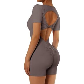 MYMORE Womens Twist V Back Scrunch Butt Shorts Jumpsuit Square Neck Seamed Workout Sexy One Piece Romper with Removable Pads