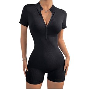 SOLY HUX Women's Half Zip Short Sleeve Rompers Ribbed Knit Stretchy Tummy Control Yoga Workout Short Jumpsuits
