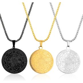 3pcs Seven Archangels Pendant Necklaces Stainless Steel Seven Princes of Heaven Seal of the Seven Archangel Michael Coin Pendant Medal with Chain For Men Women Protection Amulet