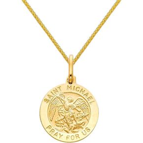 The World Jewelry Center 14k Yellow Gold Religious Saint Michael Medal Pendant with 0.9mm Braided Wheat Chain Necklace