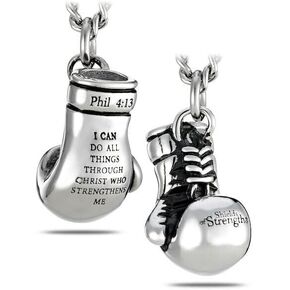 Shields of Strength Men's 14K Gold Plated or Stainless Steel Boxing Glove Necklace Pendant Chain Philippians 4:13 Bible Verse Christian Jewelry Gifts
