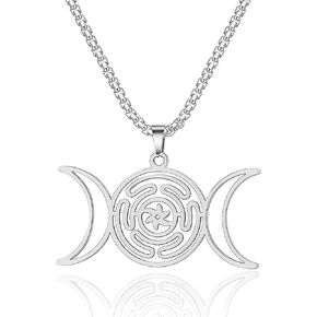 Hecate Necklace Triple Moon Goddess Pendant Wheel of Hecate Necklace Stainless Steel Witchcraft Goddess Symbol Magic Wiccan Pagan Jewelry Gifts for Men Women