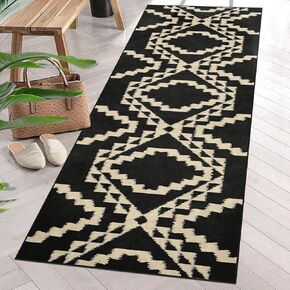 Arttown Boho Runner Rug, 2'6"x 12' Black Ethnic Geometric Tribal Area Rug Non Slip Hallway Rug Indoor Aztec Floor Mat Laundry Room Rug for Bathroom Kitchen Bedroom Decoration