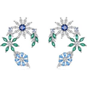 925 Sterling Silver Charm Flower Stud Earring for Women Blue Teardrop Cubic Zirconia Colored Birthstone Gemstone Stud Earring Christmas Birthday Gifts for Women Wife Her
