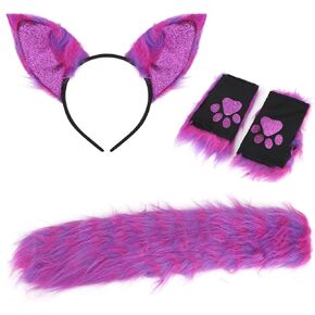 BXT Faux Fur Cat Ears Furry Wolf Fox Long Tail Hair Headband Paw Gloves Set for Adult Halloween Xmas Cosplay Costume