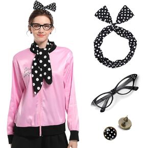 1950s Pink Ladies with black edge Satin Jacket + Disco outfit women + Halloween Cosplay Costume Set for Women Girl