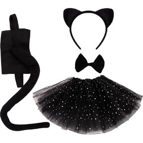 Black Cat Costume Set for Women Girls Cat Ears Headband Tails Bow Tie and Skirt for Cosplay, Party, Halloween