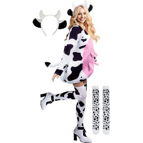 UQJE Adult Cow Costume for Women with Cute Cow Ears Headband and Cow Print Socks Halloween Christmas Cuddly Animal Costumes