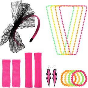 80s Fancy Dress Accessories Neon Necklace Bracelet Earrings Fishnet Gloves Leg warmers Headband