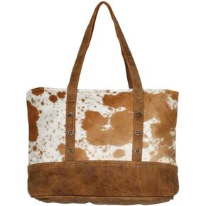 Brown and White Genuine Hair On and Leather Tote Bag
