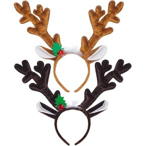 Fengek 2 Pieces Christmas Reindeer Antler Headbands 14.2 Inch Length Hair Hoop Reindeer Plush Headband with Bells for Christmas Cosplay Dressing Party, 2 Colors