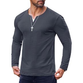 Mens V Neck Shirt Long Sleeve Cotton Casual Soft Slim Fit T-Shirts (S-XXL)