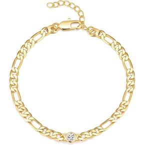 14K Gold Plated Figaro Bracelets for Women Adjustable 7.5 Inches with 1.38 Inche Extender Link Chain Bracelet Cubic Zirconia Jewelry Trendy for Women Men