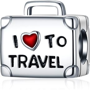 I Love to Travel Suitcase Charms fit Pandora Woman Holiday Bracelet, 925 Sterling Silver Handbag Enamel Red Heart Box Beads, My First Mothers Day Gifts for Best Mom/Nana/Vacation