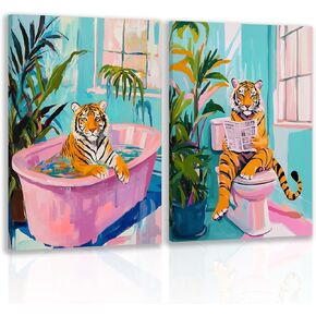 Funny Bathroom Pink Tiger Wall Art, Eclectic Tiger in Bathtub Wall Decor, Cute Tiger Reading Newspaper On The Toilet, Whimsical Animal Poster Prints for Restroom Bathroom 12x16 In Set of 2