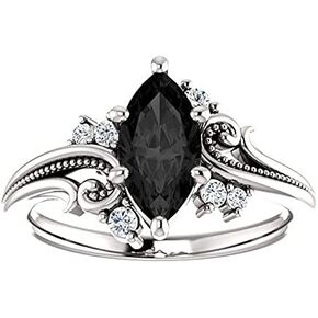 925 Sterling Silver Filigree Black Marquise Ring White Gold Finish, Floral Marquise Shape Onyx Black Diamonds Engagement Ring, Twig Leaf Ring,