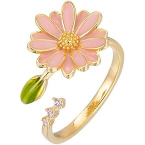 Kokoma Pink Daisy Flower Ring for Women Green Leaf Cubic Zirconia Wrap Finger Flower Open Statement Ring Promise Engagement Rings Fashion Jewelry