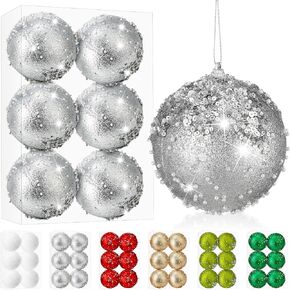 6 Pieces 4 Inch Sequin Christmas Balls Ornaments Shatterproof Xmas Tree Balls Glitter Foam Ball Decorative Baubles Set Hanging Balls for Christmas Holiday Party Decor(Silver)