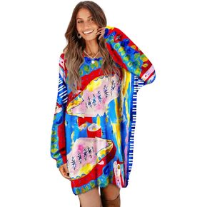 YESNO Women Graphic Long Lantern Sleeve Sweater Dresses Fall Oversized Knit Pullover Sweaters SDL