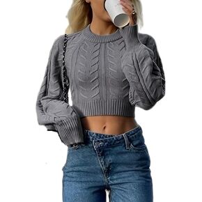 Woman Sexy Open Back Cable Knit Sweater Casual Long Sleeve Knit Crop Tops Fall Crew Neck Tie Up Back Pullover