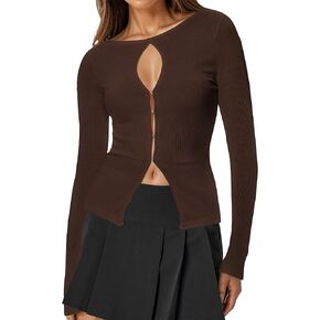 بلايز مضلعة بأكمام طويلة للنساء مقصوصة مضلعة متماسكة سترة خريفية ضيقة للخروج in Kuwait