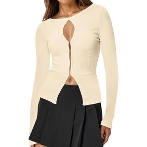 Ribbed Long Sleeve Tops for Women Cut Out Ribbed Knit Crewneck Sweater Fall Slim Fit Going Out Top