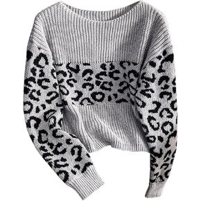 GORGLITTER Women's Leopard Print Drop Shoulder Sweater Boat Neck Long Sleeve Pullover Tops