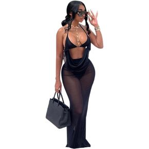 MINGSEECESS Women's Mesh Dress Backless Sleeveless Bodycon 3 Piece Outfits Y2K Tube Club Party Dresses