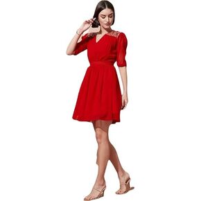 Red Puffed Sleeves Sequined Georgette Fit & Flare Dress