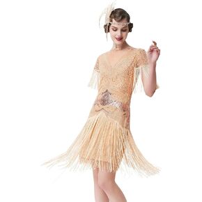 BABEYOND Flapper Dress 1920s Gatsby Dress Women's Long Fringed Dress Sequins Art Deco Dress (Rose Gold, Large)