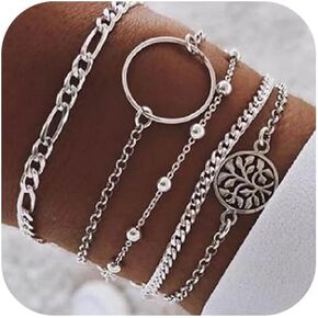 Boho Layered Link Bracelets Silver Stackable Bracelet Set Circle Stacking Bracelet for Women(5PCS)
