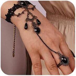 Missgrace المرأة خمر القوطية سوار الدانتيل الأسود مع حلقة الإسورة سوار معدني كريستال سحر Steampunk الدانتيل سلسلة سوداء شرابة سوار خواتم للنساء