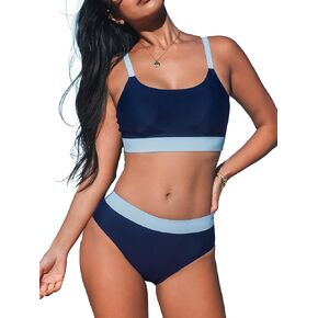 CUPSHE Women's Bikini Sets Two Piece Swimsuit Scoop Neck Color Block Mid Waist Tank Adjustable Straps