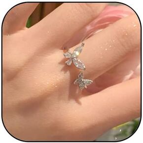 Silver Double Butterfly Ring for Women Dainty Cubic Zirconia Open Butterfly Finger Ring Adjustable Rhinestone Double Butterfly Knuckle Ring for Women
