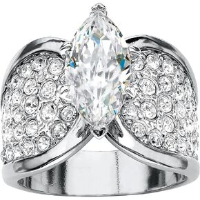 PalmBeach Platinum-Plated Marquise Cut Cubic Zirconia and Round Simulated Crystals Engagement Ring Sizes 7-12