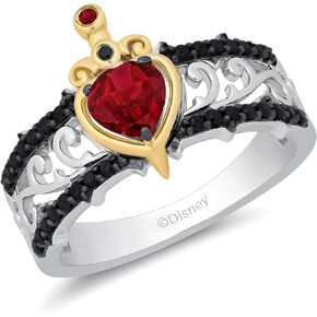 Jewelili Enchanted Disney Fine Jewelry Sterling Silver and 10K Yellow Gold 5 MM Heart Shape & 1.2 MM Round Shape Red Garnet with 1/4 Cttw Treated Black Round Diamond Evil Queen Ring