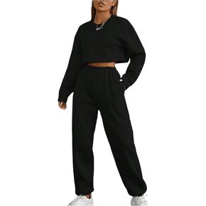 MakeMeChic Women's 2 Piece Outfits Long Sleeve Cropped Sweatshirt and High Waist Sweatpants Sports Set