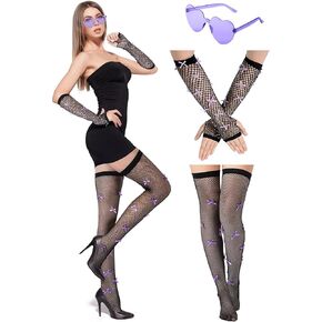 3 Pack Purple Concert Party Costume for Women Y2k Party Outfits Purple Heart Sunglasses Rhinestone Fishnet Bow Gloves and Fishnet Stockings for Concert Birthday Party Accessories