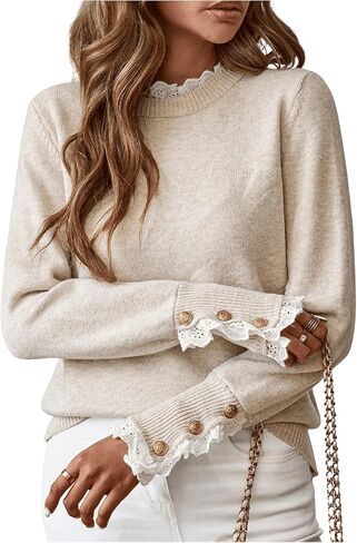 SOLY HUX Sweaters for Women Ruffle Mock Neck Long Sleeve Button Knit Pullover Tops in Saudi Arabia