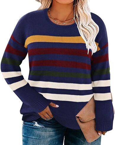 CARCOS Plus Size Sweaters for Curvy Women Crewneck Long Sleeve Pullover Sweaters Colorful Striped with Zip Up XL-5XL in Saudi Arabia